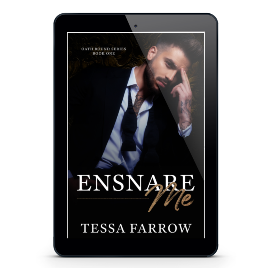 Ebook cover of 'Ensnare Me' by Tessa Farrow on a tablet screen.